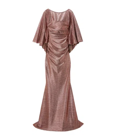 Talbot Runhof Cape-effect Ruched Glittered Voile Gown In Rose Gold