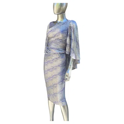 Pre-owned Talbot Runhof Chic Reptile Silver And Lilac Metallic Knit Cape Back Dress Sz 2