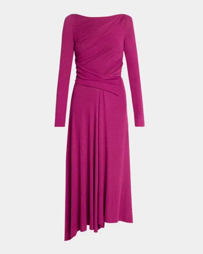 Talbot Runhof Cozy Jersey Draped Long-sleeve Asymmetric Midi Dress In Pink