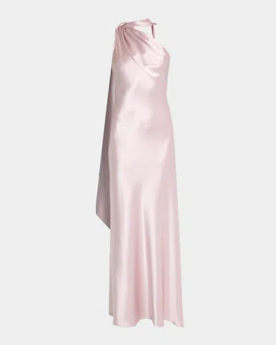 Talbot Runhof Crepe Satin One-shoulder Long Evening Gown In Pink