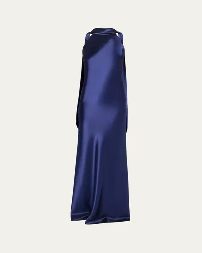 Talbot Runhof Crepe Satin Sleeveless Halter Gown In Blue