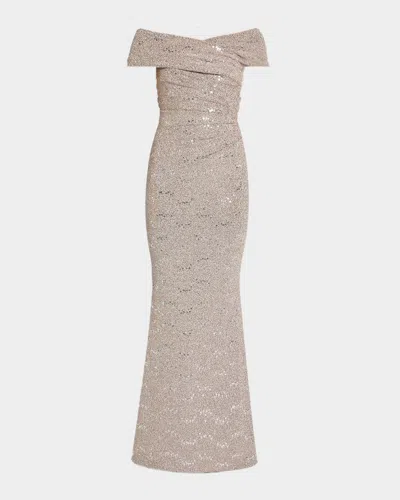 Talbot Runhof Crisscross Off-the-shoulder Shimmering Jersey Gown In Brown