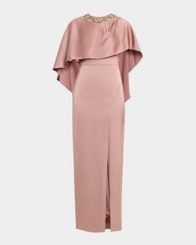 Talbot Runhof Crystal Organza Cape Gown In Brown