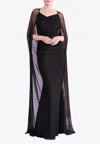 Talbot Runhof Crystal Tulle Trumpet Gown With Sheer Draped Cape In Black