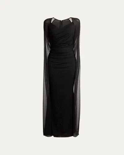 Talbot Runhof Crystal Tulle Trumpet Gown With Sheer Draped Cape In Black