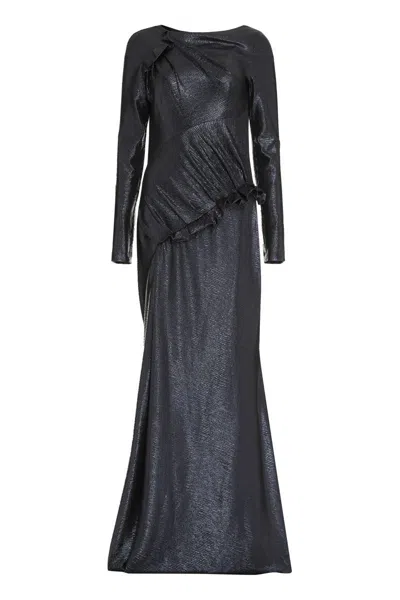 Talbot Runhof Draped Ruffled Maxi Dress In Blue