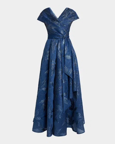 Talbot Runhof Draped Metallic Peony Jacquard Cap-sleeve Gown In Blue