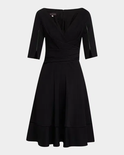 Talbot Runhof Draped Mosaic Pique 3/4-sleeve Dress In Black