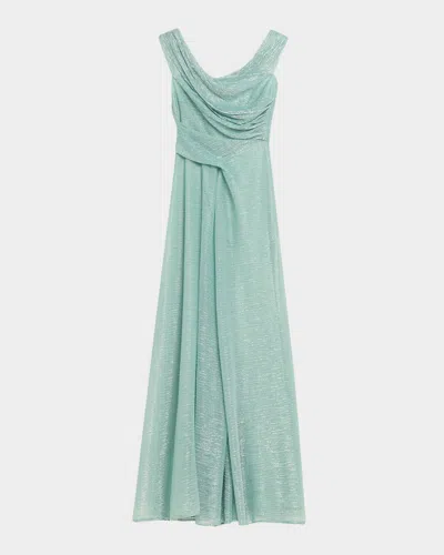 Talbot Runhof Draped Off-the-shoulder Metallic Plisse Gown In Green