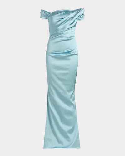 Talbot Runhof Draped Satin Duchesse Off-the-shoulder Mermaid Gown In Blue
