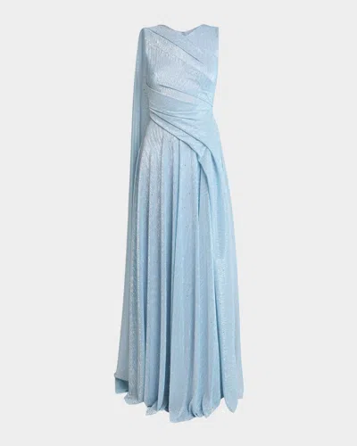 Talbot Runhof Draped Sleeveless Metallic Gown With Cape In Blue
