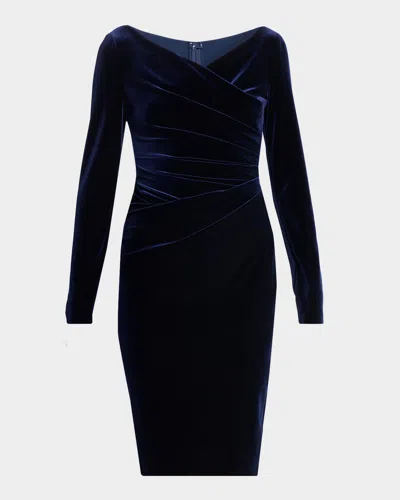 Talbot Runhof Draped Stretch Velvet Long-sleeve Sheath Dress In Moonlight