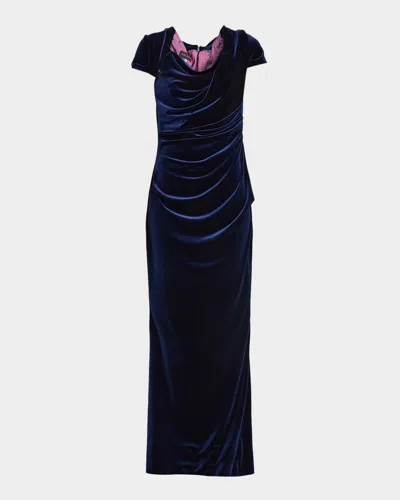Talbot Runhof Draped Velvet Cap-sleeve Gown In Blue