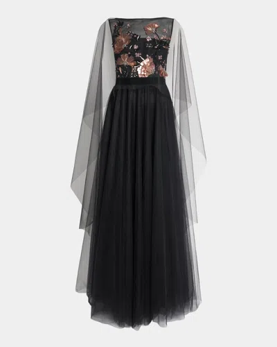 Talbot Runhof Embroidered Tulle Cape Ball Gown In Black