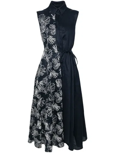 Talbot Runhof Floral-embroidered Linen Shirtdress In Blue