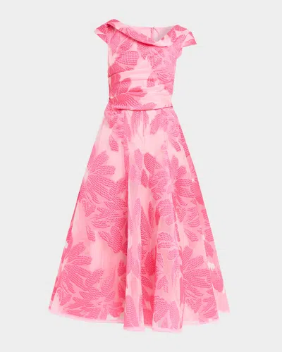 Talbot Runhof Floral Fil Coupe Cap-sleeve Midi Cocktail Dress In Pink