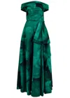 Talbot Runhof Floral-jacquard Off-the-shoulder Satin Gown In Green