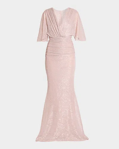 Talbot Runhof Floral Metallic Draped V-neck Gown In Brown