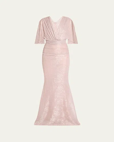 Talbot Runhof Floral Metallic Draped V-neck Gown In Gray