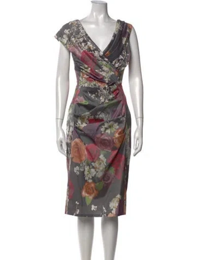 Pre-owned Talbot Runhof Floral Print Knee-length Dress In Grey