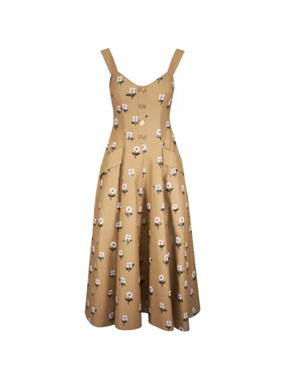 Talbot Runhof Floral-embroidered Button-front Midi Dress In Brown