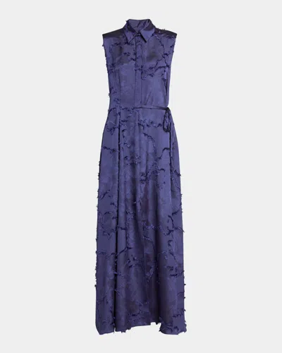 Talbot Runhof Fringed Fil Coupe Satin Sleeveless Collared Gown In Royal Navy