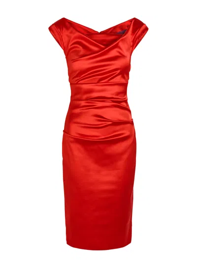 Talbot Runhof Gathered Satin Midi Dress In Red