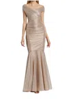Talbot Runhof Goudie Galvanized Voile Off Shoulder Gown In Marble In Grey