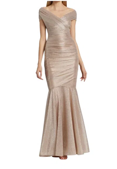 Talbot Runhof Goudie Galvanized Voile Off Shoulder Gown In Marble In Grey