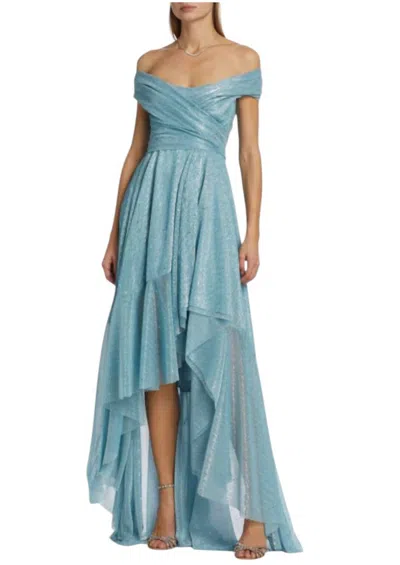 Talbot Runhof Holunder Sprinkled Metallic Off Shoulder High-low Dress Gown In Turquoise In Blue