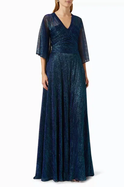Talbot Runhof Hottie Metallic Voile 3/4 Sleeve V Neck Gown In Navy In Blue