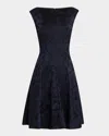 Talbot Runhof Leaf Flower Jacquard Cap-sleeve Dress In Navy