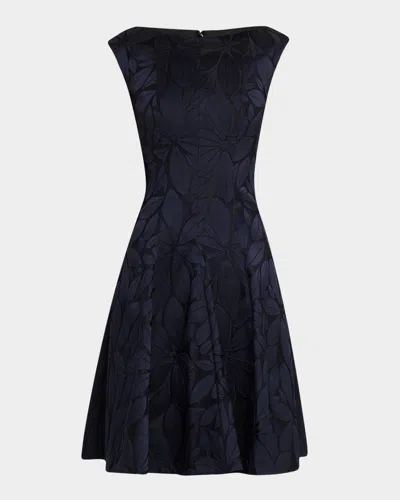 Talbot Runhof Leaf Flower Jacquard Cap-sleeve Dress In Navy