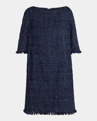 Talbot Runhof Linton Metallic Tweed Shift Dress In Royal Navy