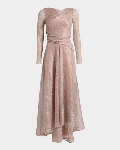 Talbot Runhof Metallic Draped Long-sleeve High-low Dress In Neutral