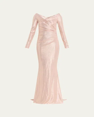 Talbot Runhof Metallic Draped Off-the-shoulder Long-sleeve Gown In Multi