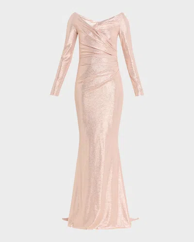 Talbot Runhof Metallic Draped Off-the-shoulder Long-sleeve Gown In Pink