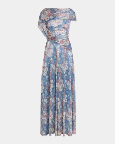 Talbot Runhof Metallic Floral Voile Draped Cap-sleeve Evening Gown In Blue