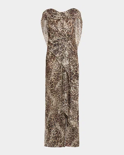 Talbot Runhof Metallic Leopard-print Draped Maxi Dress In Brown