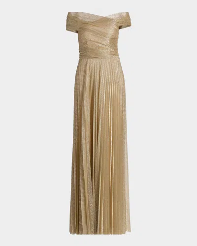 Talbot Runhof Metallic Pin Dot Pleated Off-the-shoulder Gown In Gold