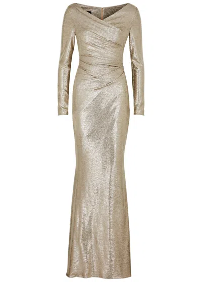 Talbot Runhof Metallic Ruched Wrap-effect Gown In Gold