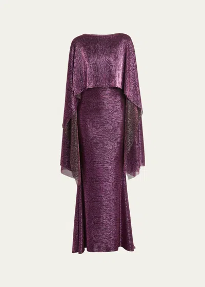 Talbot Runhof Metallic Voile Half-cape Evening Dress In Purple