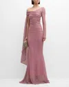 TALBOT RUNHOF METALLIC VOILE OFF-THE-SHOULDER CAPE GOWN