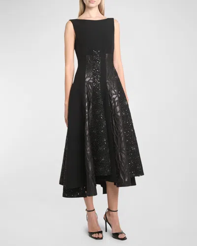 Talbot Runhof Mixed-media Black Iris Tweed Paneled Midi Dress