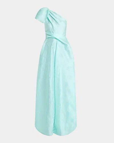 Talbot Runhof Mossana One-shoulder Jacquard Gown With Bow In Blue