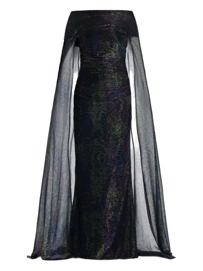 Talbot Runhof Metallic Off-the-shoulder Cape Gown In Blue
