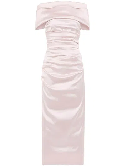 Talbot Runhof Off-shoulder Fitted Midi Dress In Pink