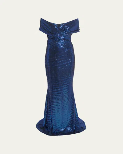 Talbot Runhof Off-shoulder Sequin Evening Gown