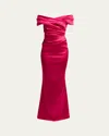 Talbot Runhof Gathered Off-the-shoulder Satin Gown In Azalea
