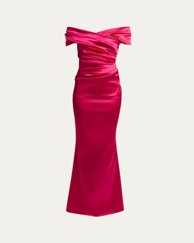 TALBOT RUNHOF OFF-SHOULDER TRUMPET STRETCH SATIN GOWN